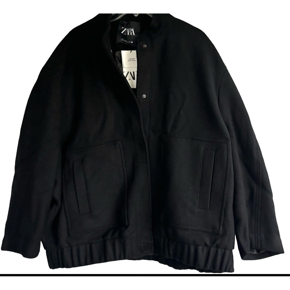 Zara Black Wool Blend Oversized Bomber Jacket Stand Collar NWT Small